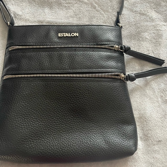 Estalon Black Leather Crossbody Purse with Over the Shoulder Long Strap - Picture 4 of 6